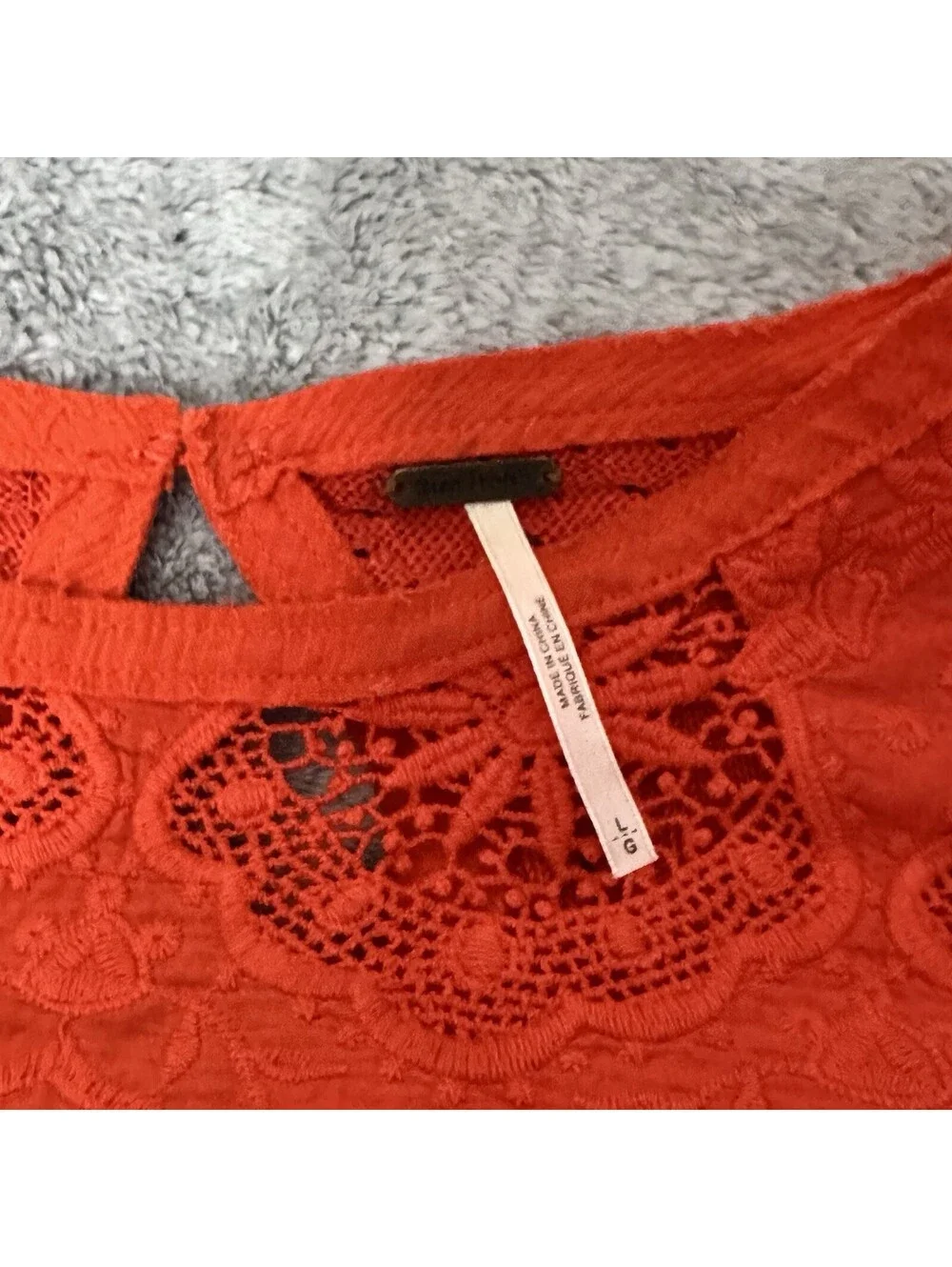 Free People Once Upon A Time Top Womens LG Orange Crochet Bell Sleeve Linen